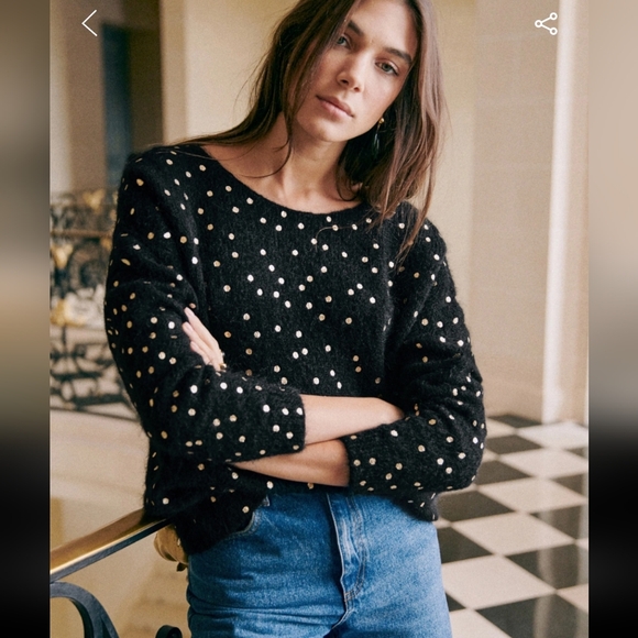 Sezane Lizy Wool/ Kid Mohair Long Sleeve Black Cardigan w/ Gold Polka Dots - Picture 4 of 7